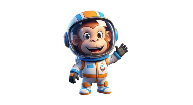 Cute cartoon monkey in astronaut suit waving with a space helmet on white background