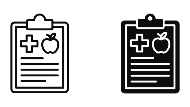 Medical nutrition clipboard report icon set featuring cross and apple for healthy diet documentation and hospital health assessment in outline and solid black style for vector design