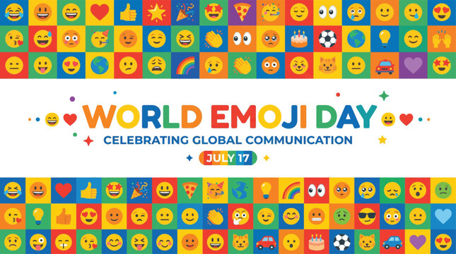 World Emoji Day checkerboard pattern banner celebrating global communication for July 17 social media design