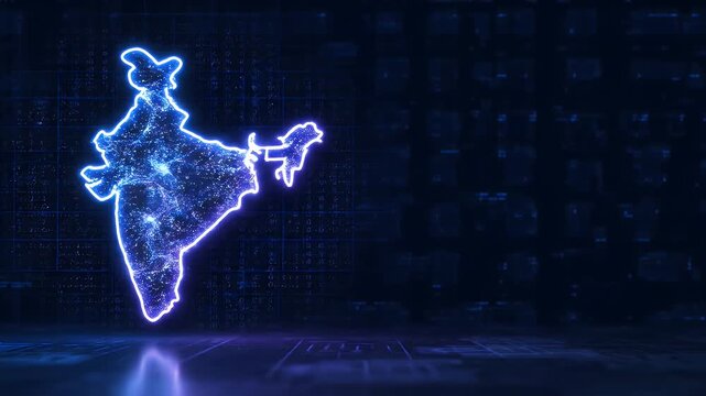 India map digital glowing neon outline with data particles for technology and business background