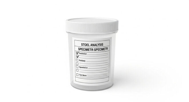 Laboratory stool sample container white plastic jar with label for medical testing