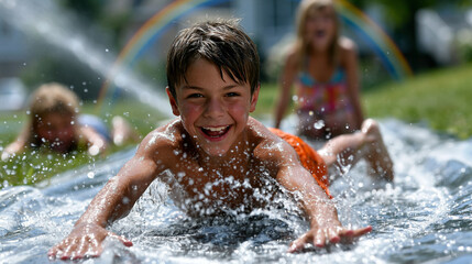 Fototapeta premium A Ultra-realistic joyful sunny scene in a sloping backyard, a boy around nine with dark hair in bright orange board shorts mid-slide on a long plastic slip-and-slide, body fully ho
