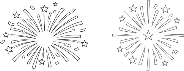 Obraz premium Firework burst line art icons with stars and confetti black and white vector illustration for celebration and holiday design