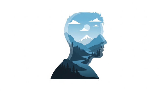 Abstract male silhouette with layered natural landscape and mountain scene in blue tones for mental health and self discovery concept