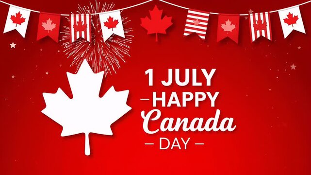 Canada day celebration background with maple leaf and festive bunting flags on a red background
