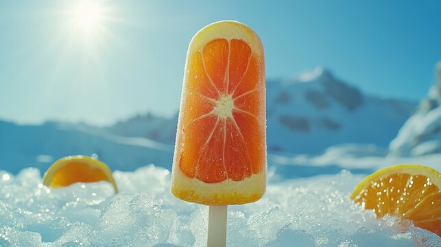 center framed, a vibrant orange popsicle with a visible orange segment pattern stands in an icy landscape.