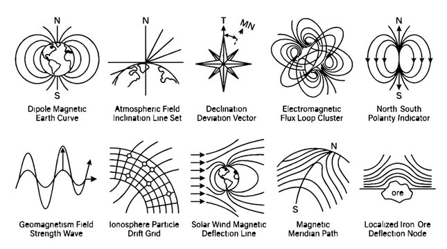 Scientific diagrams of Earth magnetic field and electromagnetic flux lines collection.