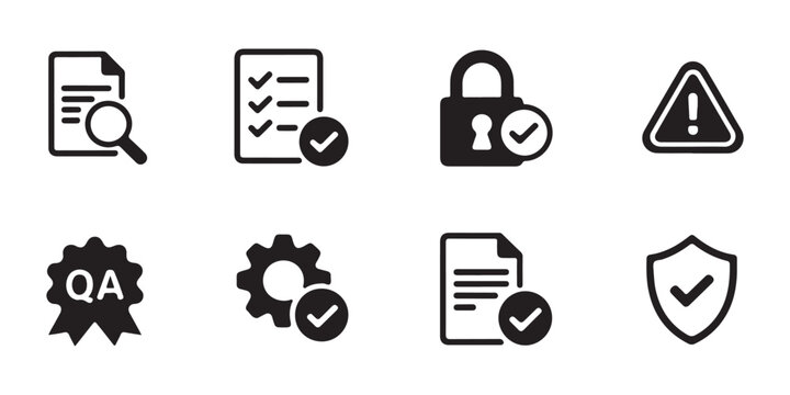 Quality assurance and control. set of icons. document, checklist, padlock, warning, gear, shield.