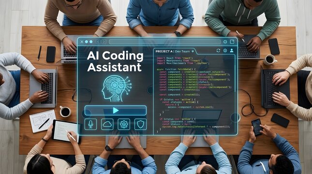 A group of professional developers collaborating around a table using a digital AI coding assistant interface for programming.