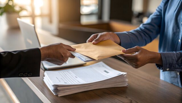 Business professional giving manila envelope with important documents across desk office.