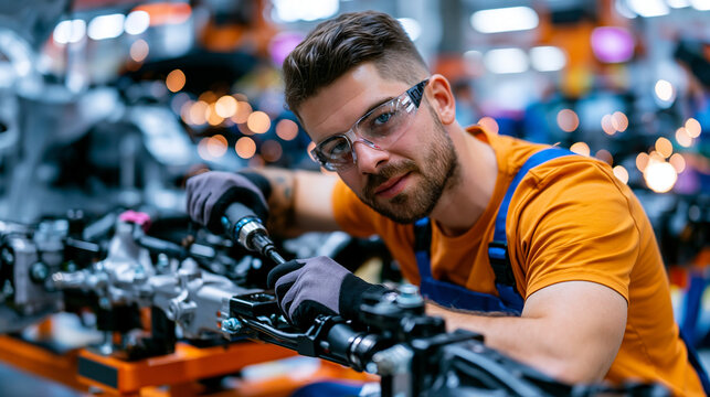 Automotive assembly technician torques a suspension subframe onto a half-built vehicle body on an elevated jig platform, safety glasses fogged slightly from the nearby welding bay where sparks arc a