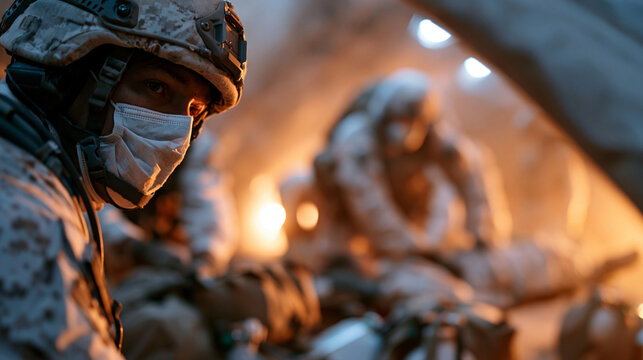 Photorealistic photo of a military medic team performing triage in a dusty camouflaged field hospital tent, multiple soldiers on stretchers, medical bags and oxygen equipment visib