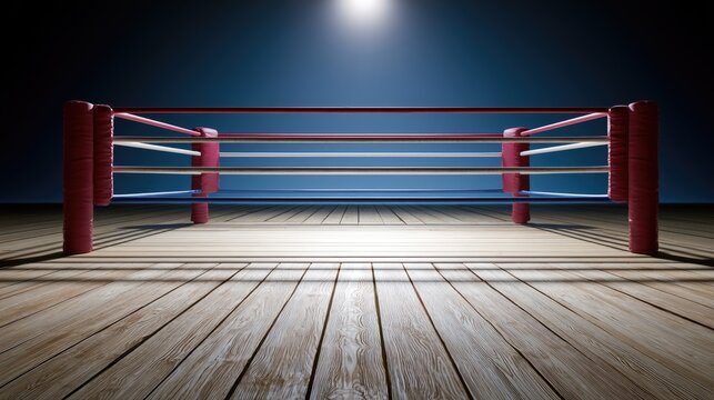 Empty boxing ring with dramatic spotlight on wooden floor