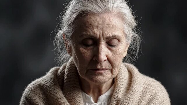Close Up of Elderly Woman with Eyes Closed and Serene Expression Deep in Thought or Prayer