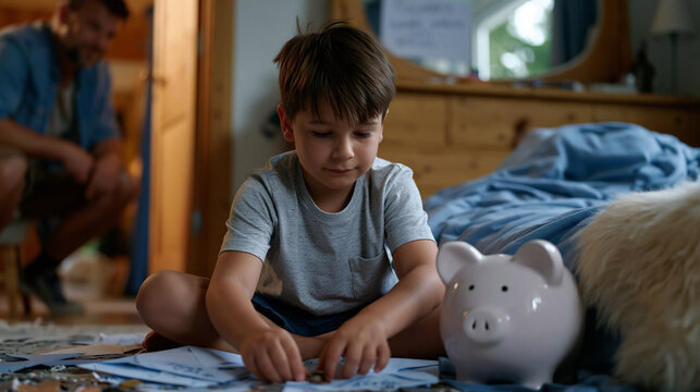 Boy sitting beside a piggy bank on his bedroom floor sorting coins into labeled envelopes as his father watches from the door, a handwritten savings goal taped to the mirror above the dresser, the f