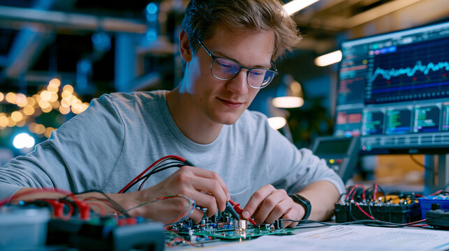 Biomedical engineering student assembling neural dust wireless recording prototype circuit board in university innovation lab industrial workspace, oscilloscope probes attached to miniaturized recei