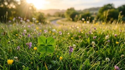 Fototapeta premium Lucky four leaf clover in a vibrant wildflower meadow at sunset