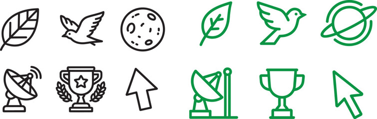 Minimalist line icon set with leaf bird moon satellite dish trophy and cursor symbols in black and green vector style © Muhammad