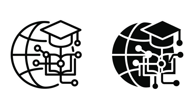 Global digital learning and network education icon showing graduation cap and circuit board book on world globe for tech based academic study in high quality modern vector graphic style