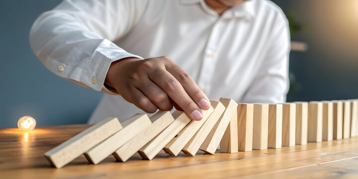 Businessman hand playing with wooden domino pieces on desk representing risk management plan.