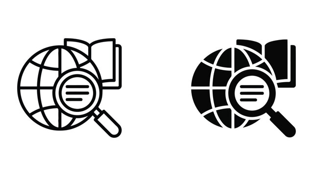 Global document search and research icon showing magnifying glass over paper and world globe for international academic studies and information gathering in high quality vector graphic design