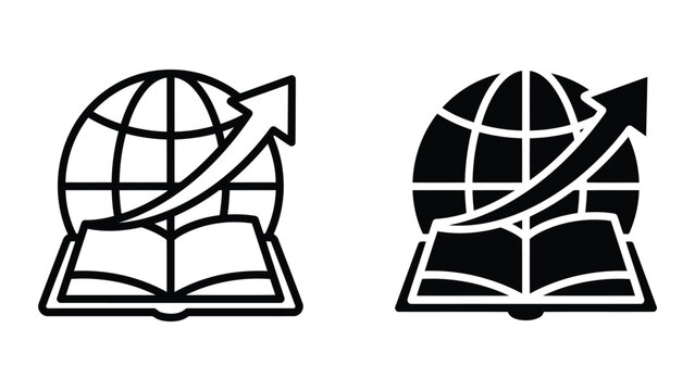 Global business and education growth icon showing upward arrow on open book and globe representing international corporate training and academic success in professional vector graphics