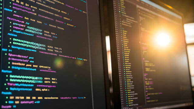Software engineer coding on computer screens showing complex programming language scripts.
