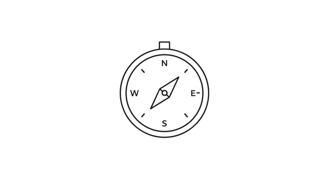 A minimalist linear navigation compass icon. This simple vector graphic features cardinal directions, perfect for travel, exploration, adventure themes, map design, and UI interface projects.