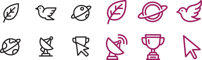 Minimalist line icon set with leaf bird planet satellite dish trophy and cursor vector graphics for interface design © Muhammad