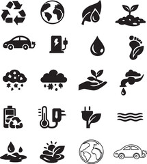 Obraz premium Basic 20 each flat icon set of Eco & Sustainability- Eco and Sustainability Icons Set – Environment, Energy, Water, and Recycling Silhouettes Vector Collection