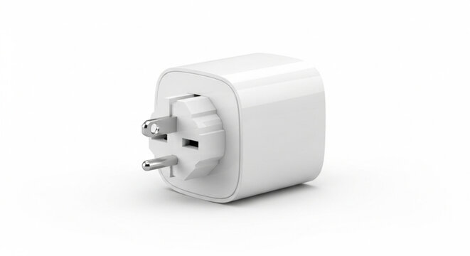 Close-up of a Modern White Electrical Power Adapter with Plug on a White Background