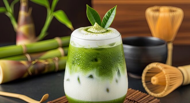 Refreshing Iced Matcha Latte with Creamy Foam and Bamboo.