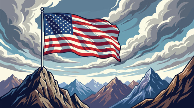 American flag waving on mountain peak illustration