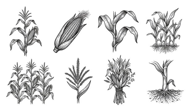 Black corn field vintage sketch set with hand drawn botanical nature vector illustration