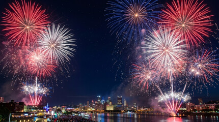 Naklejka premium Colorful fireworks display over city skyline at night during celebration