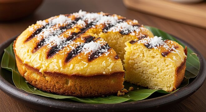 Delicious Baked Corn Cake with Toasted Coconut Topping.