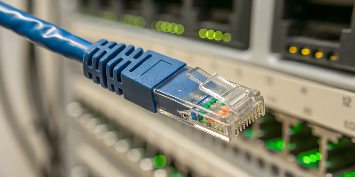 Blue ethernet cable connector plugged into network switch port with glowing green lights.
