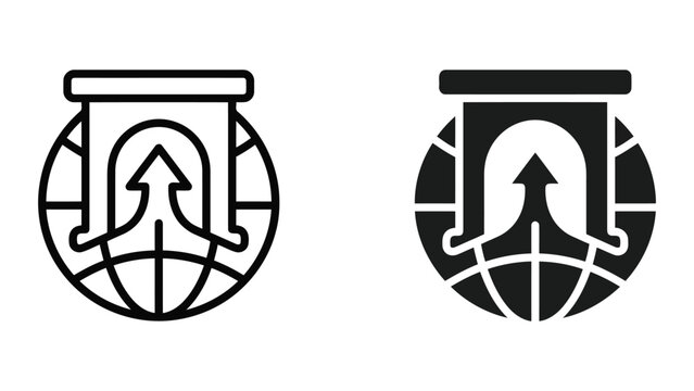 Global infrastructure development icon with world globe and rising arrow in vector style for international economic growth projects and urban development planning and business strategy presentations