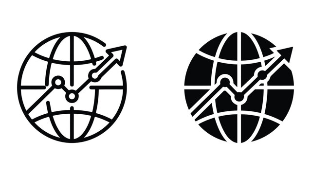 Global financial market trend icon with world globe and rising line graph arrow in vector format for market analysis and economic investment reporting and financial news media design