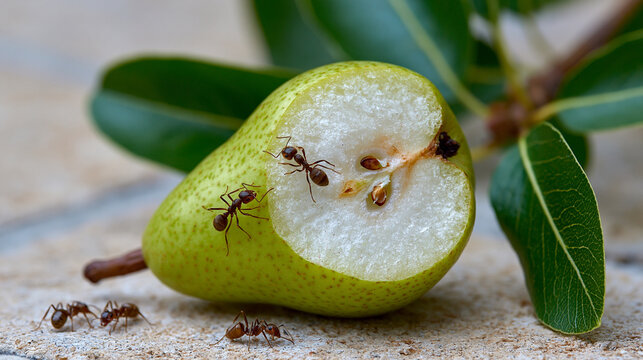 A half-eaten pear left on a patio table with ants crawling near it. Harsh midday sun, deep shadows, slightly crooked frame