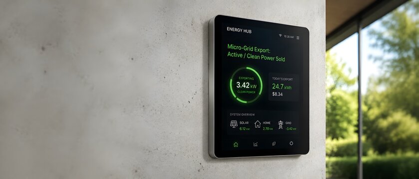 Smart home energy hub monitor screen on concrete wall controlling solar power micro grid export