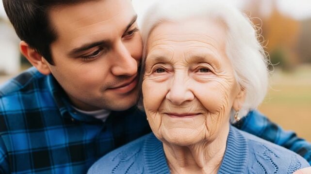 A young man affectionately embracing his elderly grandmother outdoors