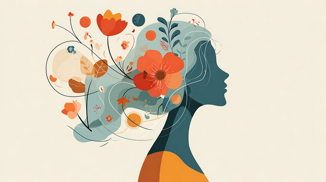 Elegant conceptual illustration of a female profile filled with blooming flowers, symbolizing mental health, emotional wellbeing, inner growth, healing, mindfulness, hope and resilience