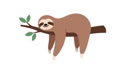 Obraz premium Cute brown sloth peacefully sleeping while hanging from a tree branch with green leaves in a simple and charming illustration.