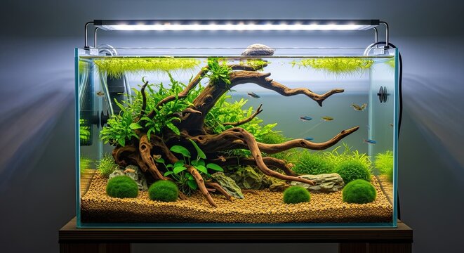 Beautifully Aquascaped Aquarium with Live Plants and Small Fish.