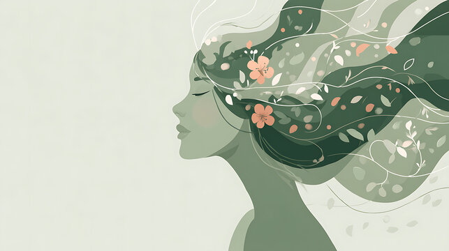 Serene woman with flowing floral hair symbolizing emotional balance, inner peace, mindfulness and mental wellbeing, expressing healing, resilience, self awareness and personal growth