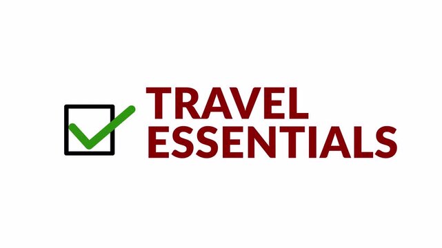 Travel Essentials Text Animation with Green Checkmark Checklist Icon on Transparent Background for Travel Vlogs, Tourism Promos, Vacation Packing Guides, and Social Media Video Content Creators in 4K