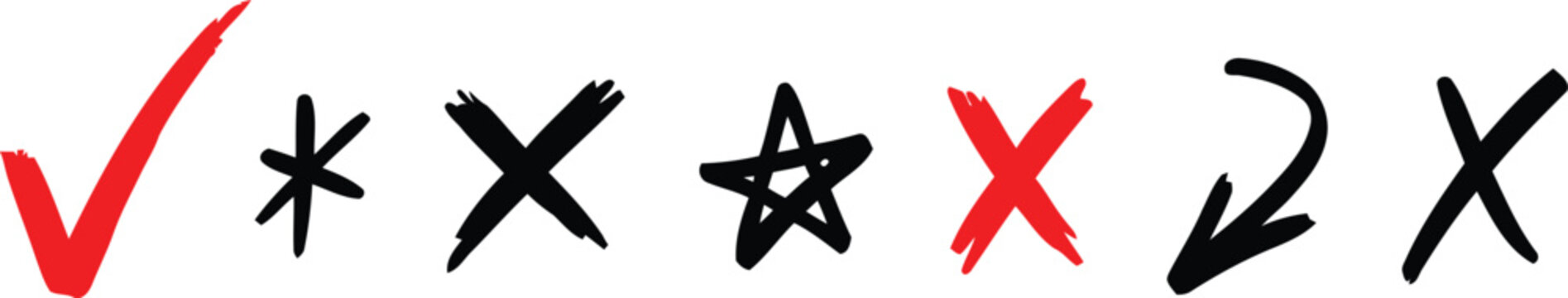 Hand-drawn checkmark, symbols, and marks on white background