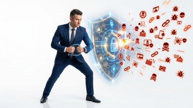 Businessman holding a digital shield protecting against cyber attacks isolated on white background