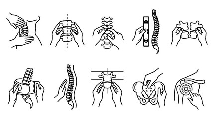 Obraz premium Chiropractic adjustment and spinal health line art icons showing manual therapy and bone alignment.